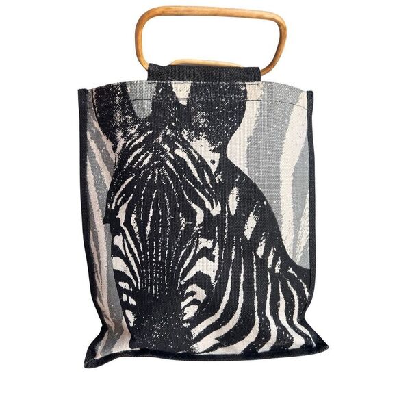 Retro Exotic Zebra Black, Gray & White Wooden Handles Women’s Tote Shoulder Bag - Picture 2 of 9